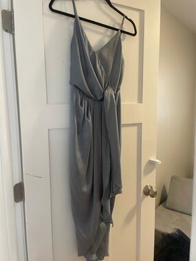 Baltic Born Elegant Dusty Blue Satin Wrap-Style Evening Dress